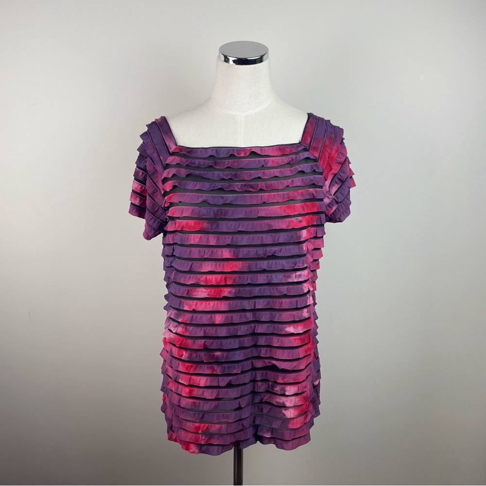 New Directions Purple Black Pink Ruffle Ombre Blouse Top Women Large Stretch